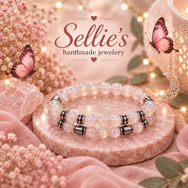 Magische maansteen & rozenkwarts armbandenset
