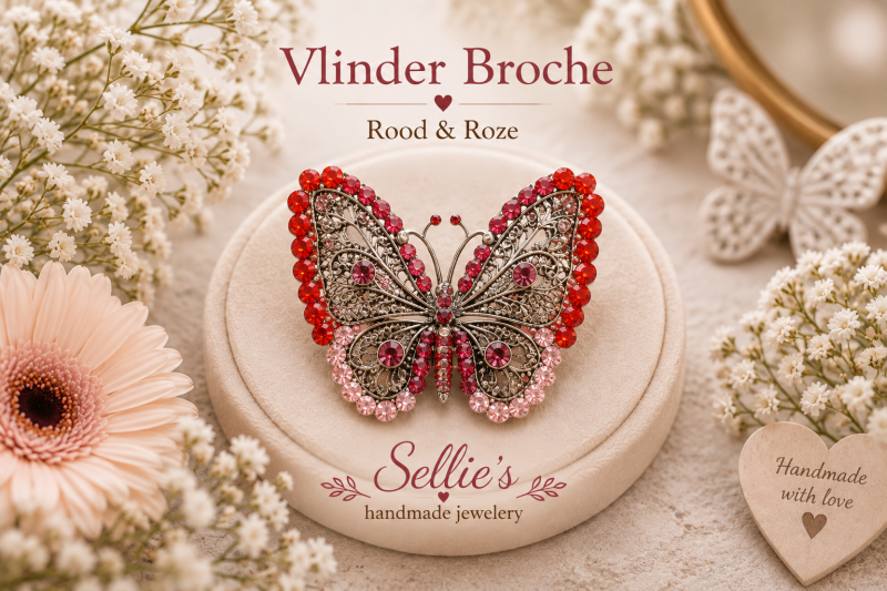 Vlinder Broche &ndash; Rood & Roze