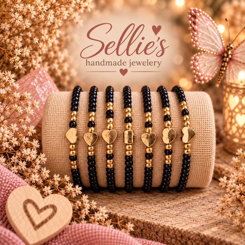 Magische zwarte kralenarmbandenset met hartjes