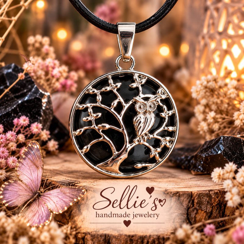 Magische obsidiaan uil in boom ketting
