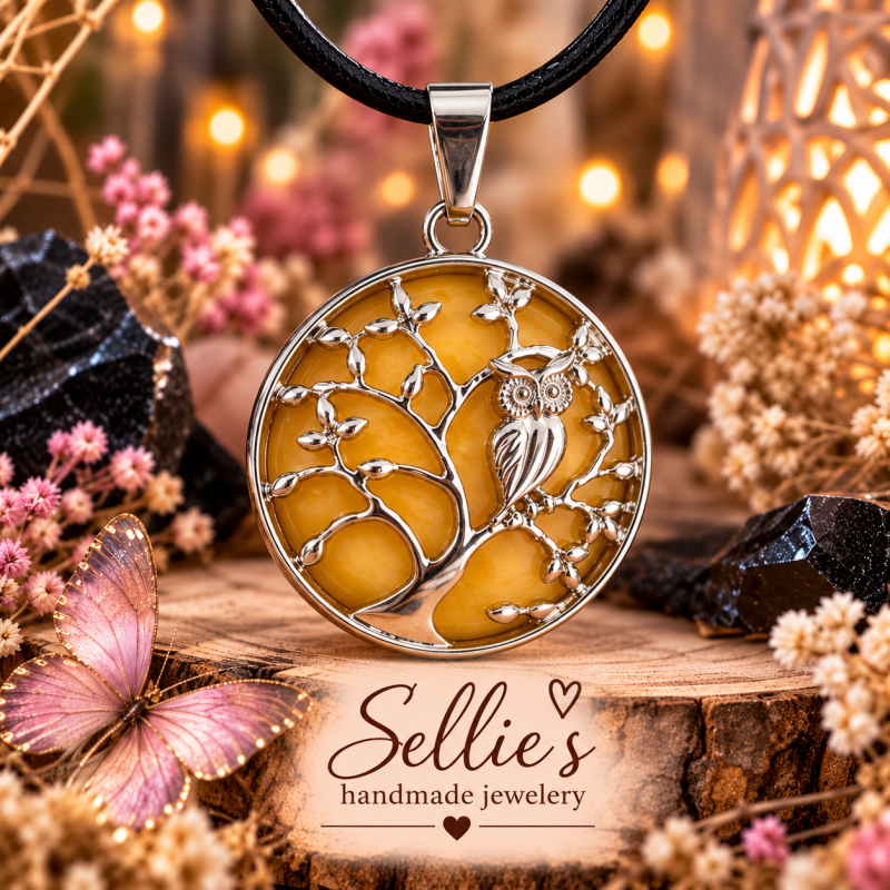 Magische gele jade uil in boom ketting