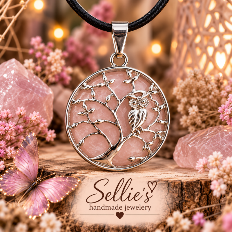 Magische rozenkwarts uil in boom ketting