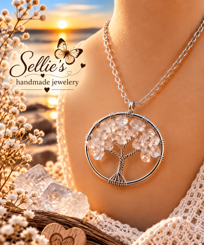 Magische levensboom bergkristal ketting