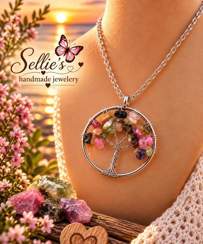 Magische multicolour toermalijn levensboom ketting