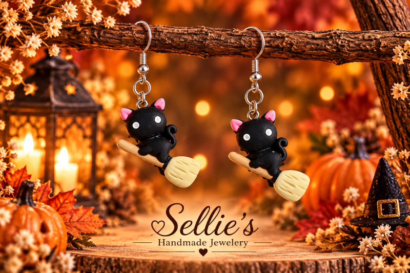 Magische halloween kat op bezem oorbellen