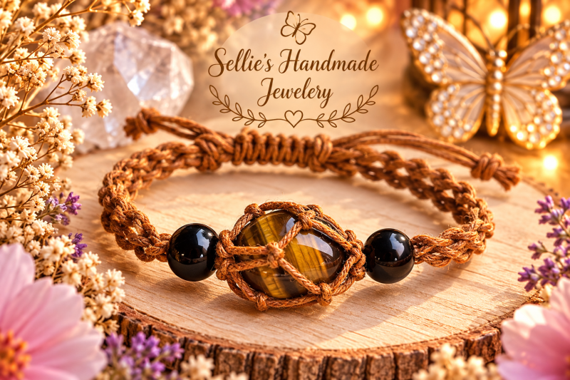 Magische macrame tijgeroog armband