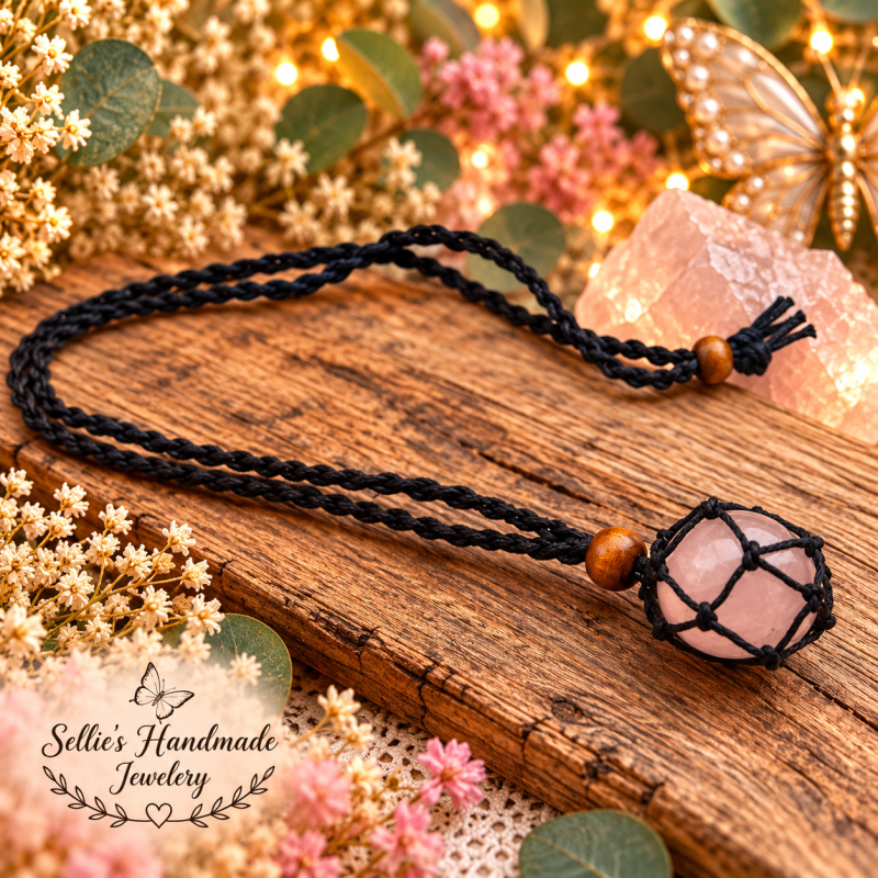 Magische macrame rozenkwarts kooiketting