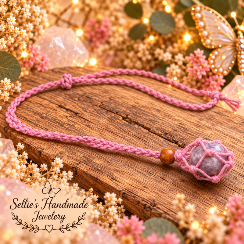 Magische macrame lepidoliet kooiketting