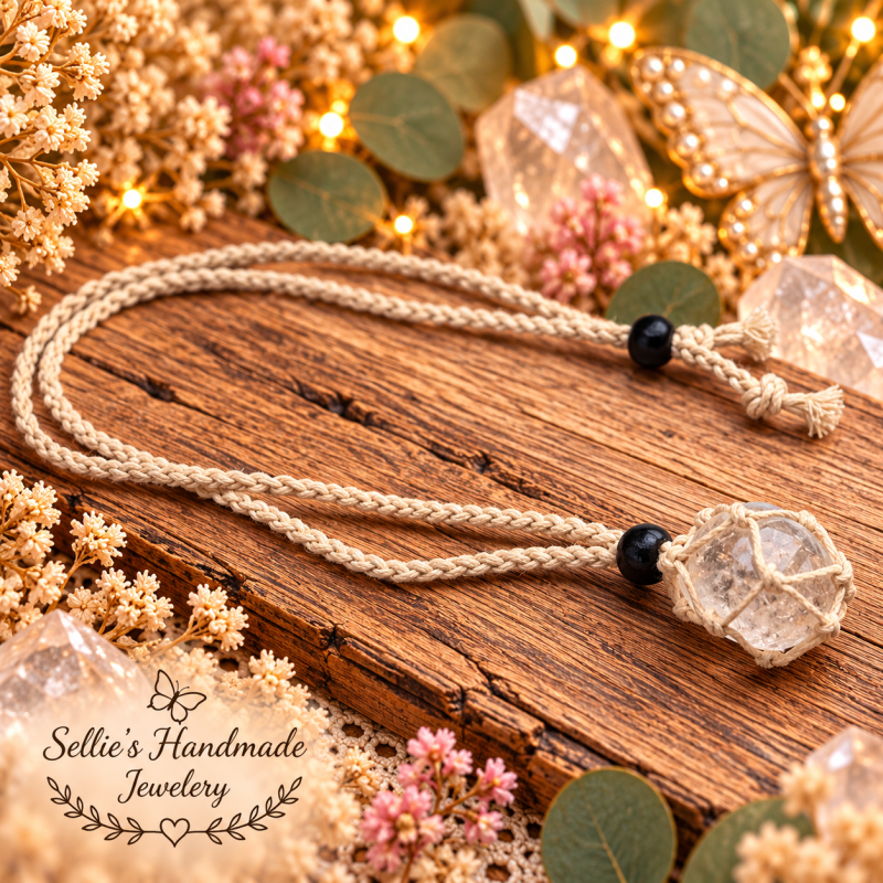 Magische macrame bergkristal kooiketting