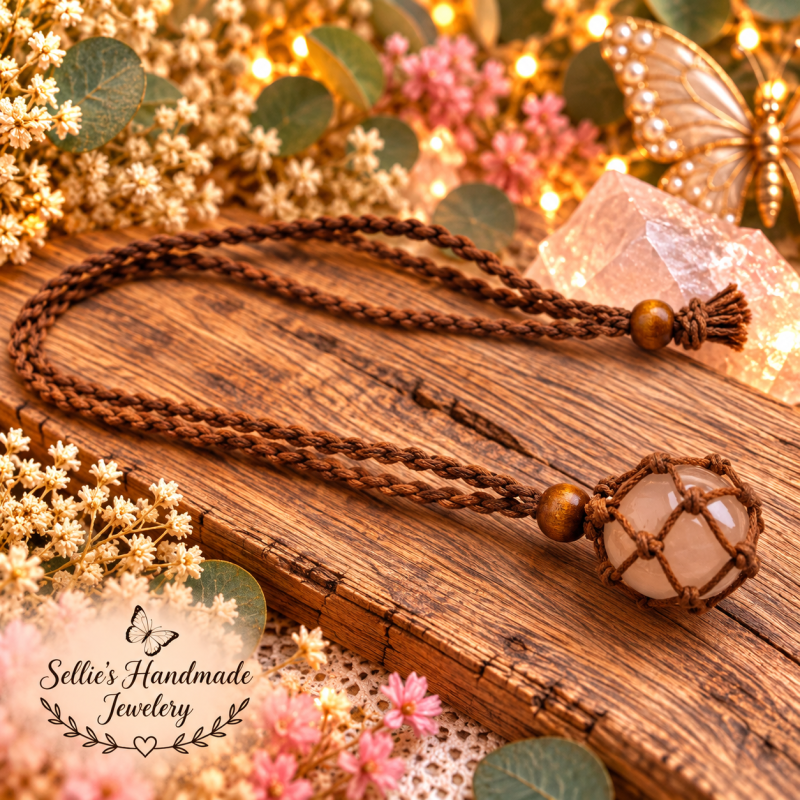 Magische macrame rozenkwarts kooiketting