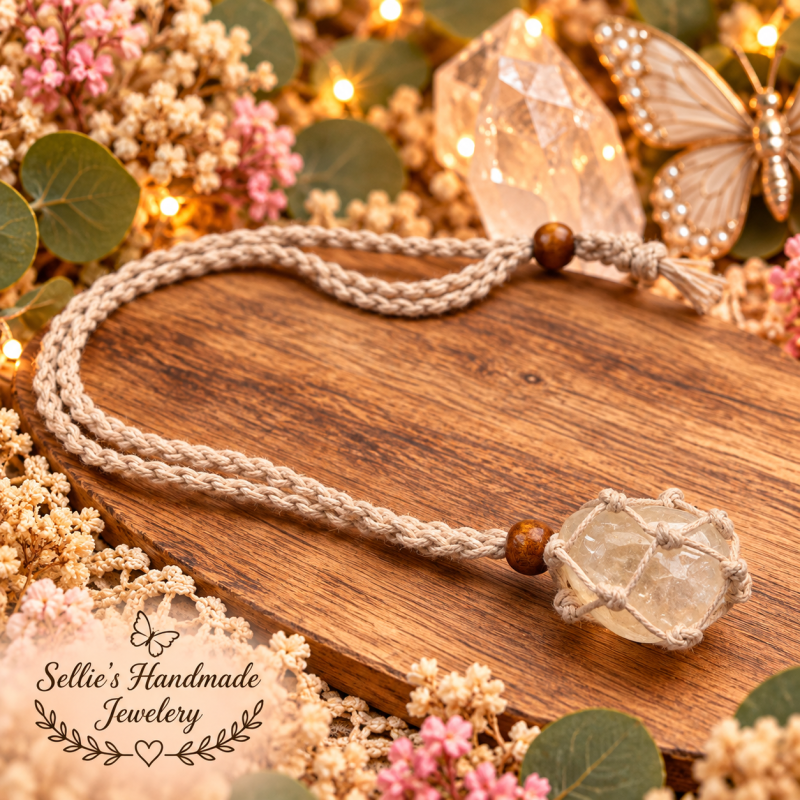 Magische macrame bergkristal kooiketting