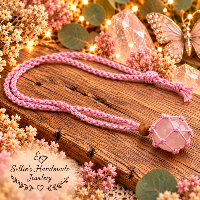 Magische macrame rozenkwarts kooiketting